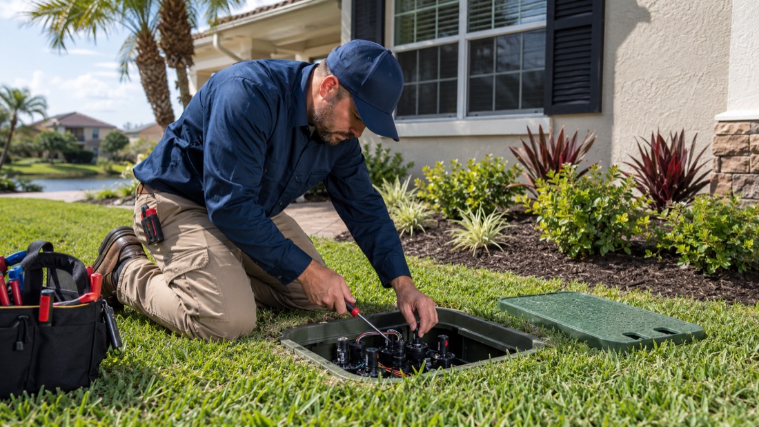 Aqua Premier technician servicing an irrigation valve box in St. Augustine