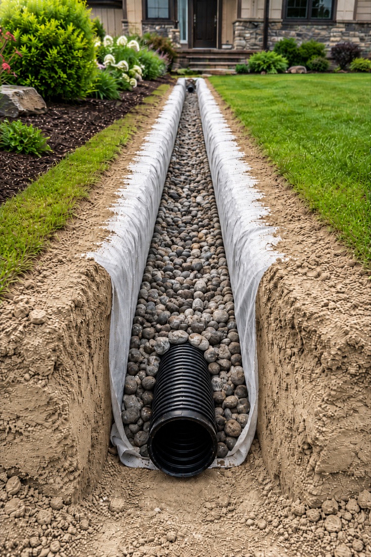French drain installation with gravel and filter fabric in St. Johns County