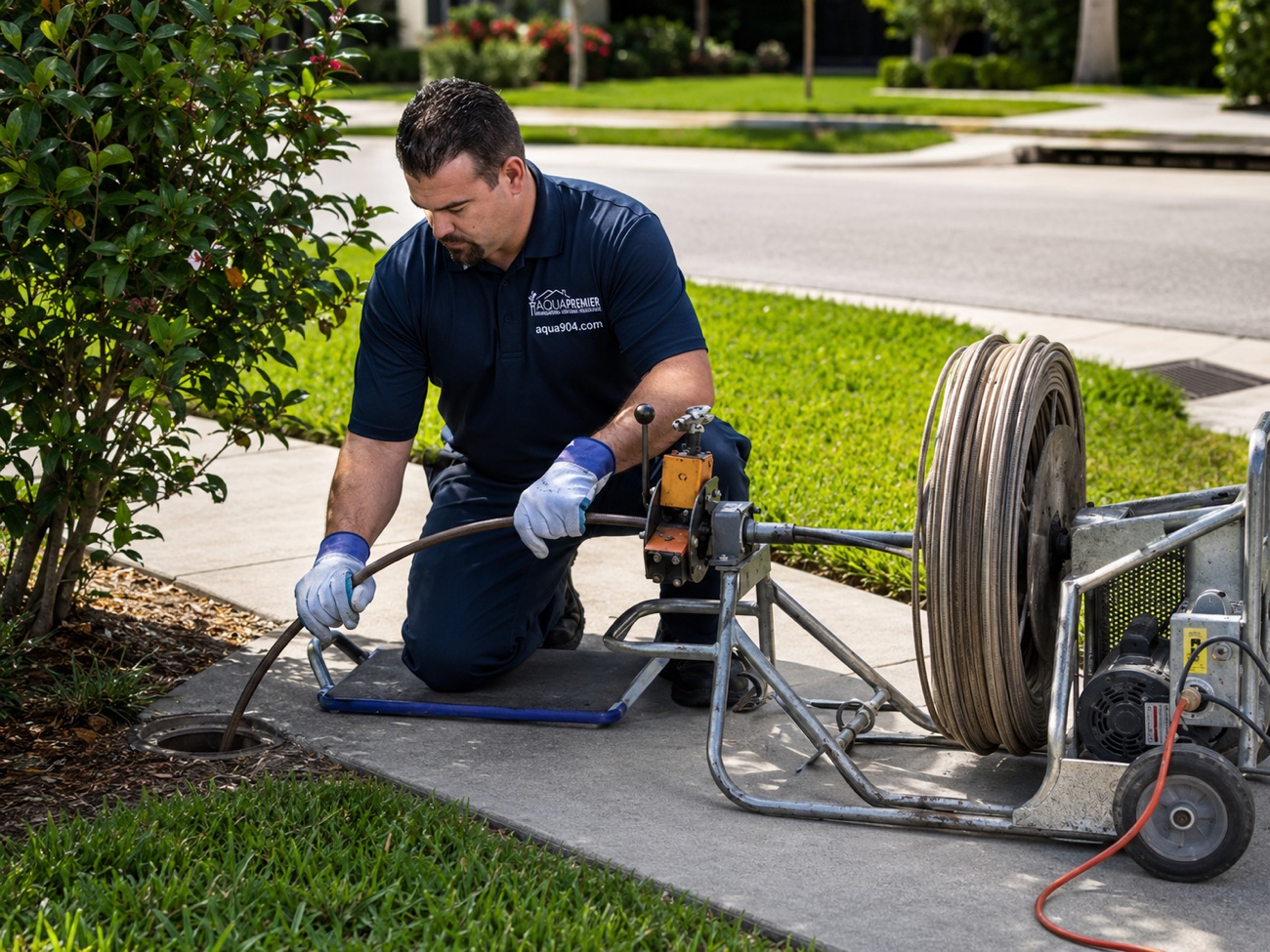 Aqua Premier technician hydro-jetting and clearing a clogged drain line at the curb — drain cleaning & high-pressure jetting in Ponte Vedra Beach, Nocatee and Jacksonville (aqua904.com)