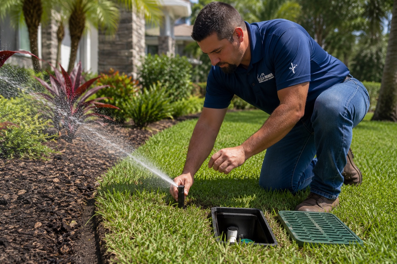 Aqua Premier irrigation technician adjusting and repairing a pop-up sprinkler head on a Ponte Vedra Beach lawn — sprinkler repair & irrigation service in Nocatee and St. Johns County (32082)