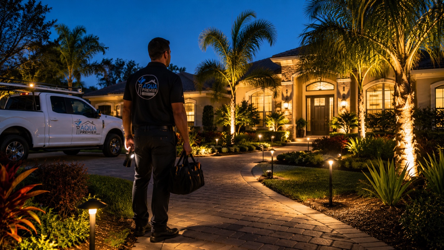 Low-voltage landscape lighting and LED uplighting on a Northeast Florida home after dark